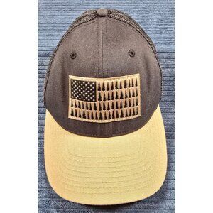 Columbia Tree Flag Patch Trucker Hat Gray Tan Mesh Back Flexfit S/M Outdoors